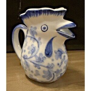 Vintage Rooster Creamer Blue White Floral Mini Farmhouse Cottagecore Decor 3.5"